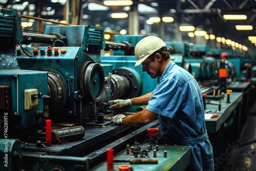 A machinist in blue workwear is operating a lathe machine in an industrial setting, showcasing manual skill and precision manufacturing.