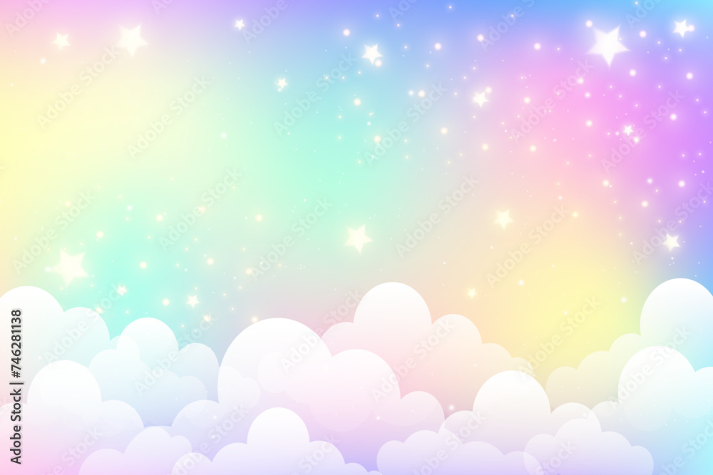 Fototapeta premium Rainbow unicorn pastel background with glitter stars. Pink cloudy fantasy sky. Cute holographic space. Fairy iridescent gradient backdrop. Vector