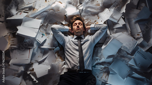 Stress businessman lying on pile of papers.