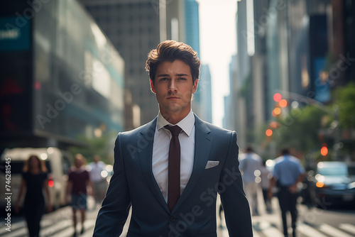 Successful business man walking through office buildings with cityscape.