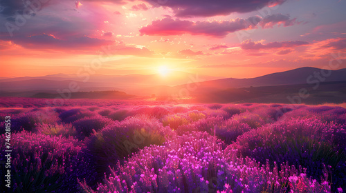 sunset over the field, A field of lavender in full bloom under a vivid purple sky