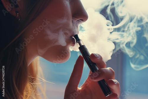 Woman enjoying electronic cigarette, suitable for lifestyle articles and health awareness campaigns.
