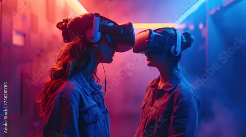 Women using vr glasses communicating in metaverse world, neon light