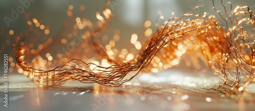 A close-up view of a string of lights showcasing the intricate details of the copper wire transformer placed on a light surface. The lights appear to be arranged in a linear pattern, emitting a warm
