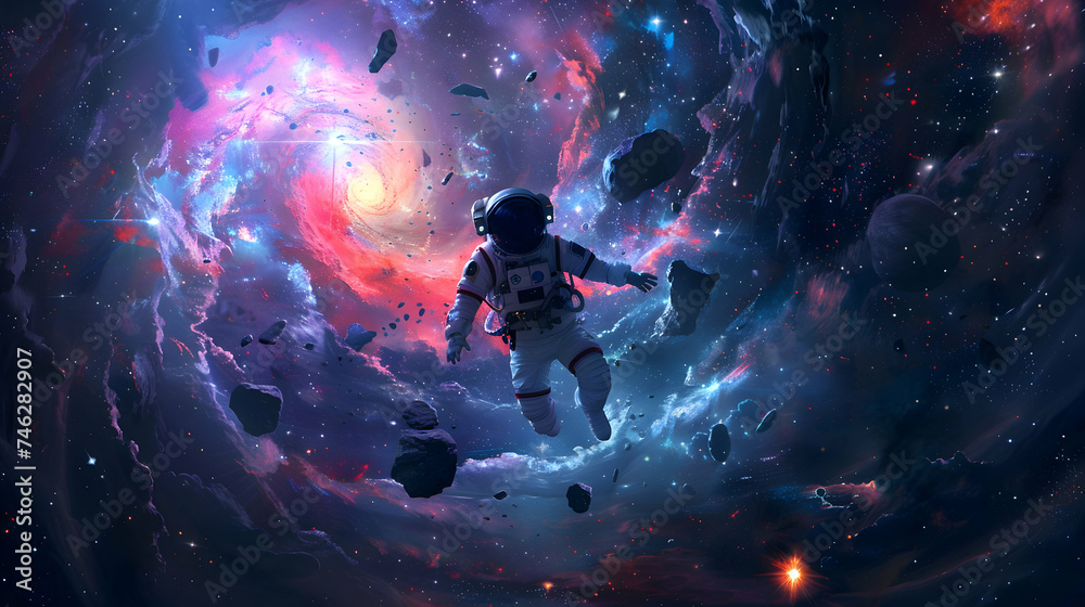 Astronaut at spacewalk. Cosmic art, science fiction wallpaper. Beauty of deep space. Billions of galaxies in the universe Astronaut at spacewalk. Cosmic art, science fiction wallpaper. Beauty of deep space. Billions of galaxies in the universe