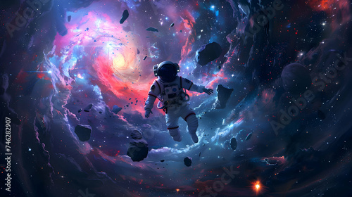 Astronaut at spacewalk. Cosmic art, science fiction wallpaper. Beauty of deep space. Billions of galaxies in the universe