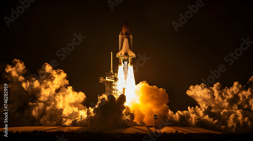 Launch of Space,Spaceship takes off into the night sky.Rocket starts into space concept.