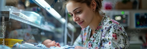 a neonatal nurse caring for newborns in a hospital nursery, capturing the beginning of life care photo