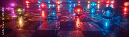 Disco revival, vibrant dance floor with mirror balls, capturing the essence of the 70s with a modern twist