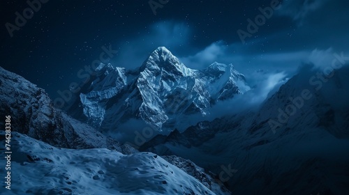 The mystical and remote Kangchenjunga, bathed in moonlight in the Eastern Himalayas. The snow-covered peaks shimmer under the soft glow, creating a scene of unparalleled beauty and tranquility. photo