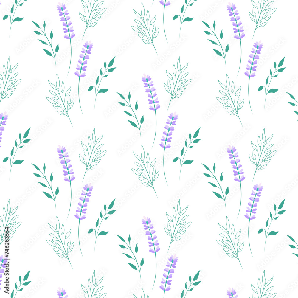 Seamless lavender pattern. Lavender flowers and leaves on white background. Background, paper, wallpaper, texture, textile. Vector illustration.