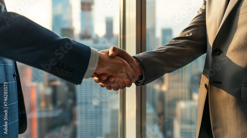 A detailed photograph of a business handshake, two professionals in sharp suits, the focus on their hands clasped firmly.