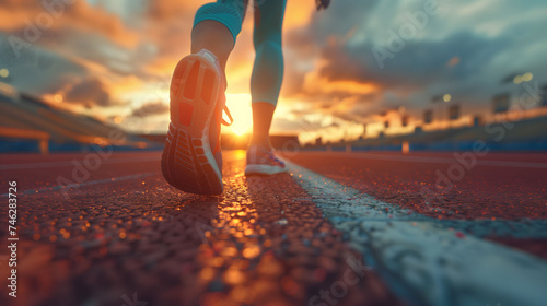 Athlete legs and shoes close up at sport stadium, sunset, running race track at athletic arena, active person lifestyle, cinematic photo
