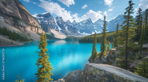 The stunning beauty of Moraine Lake in Banff National Park, Canada, captured in all its glory. 