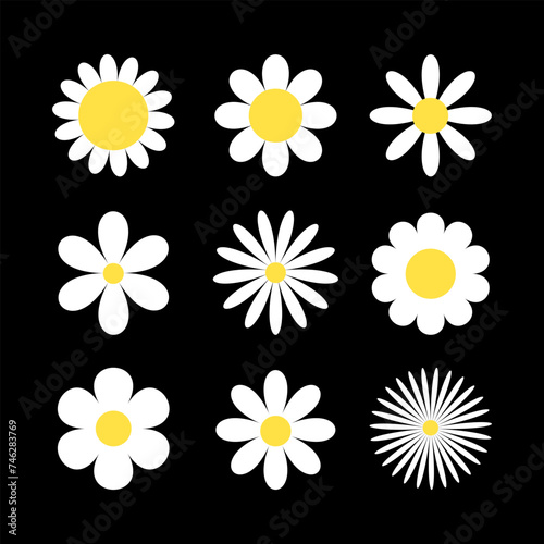 Daisy Camomile big set. Nine white chamomile icon. Cute round flower plant collection. Different shape. Love card symbol. Growing concept. Flat design. Black background. Isolated. © worldofvector