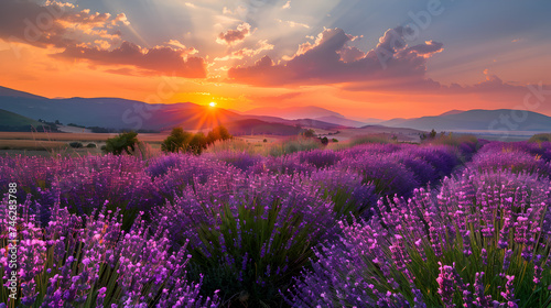 lavender field at sunset, Sunset over a violet lavender field