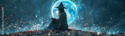5G network empowering witches in a moonlit ritual, ancient spells going digital