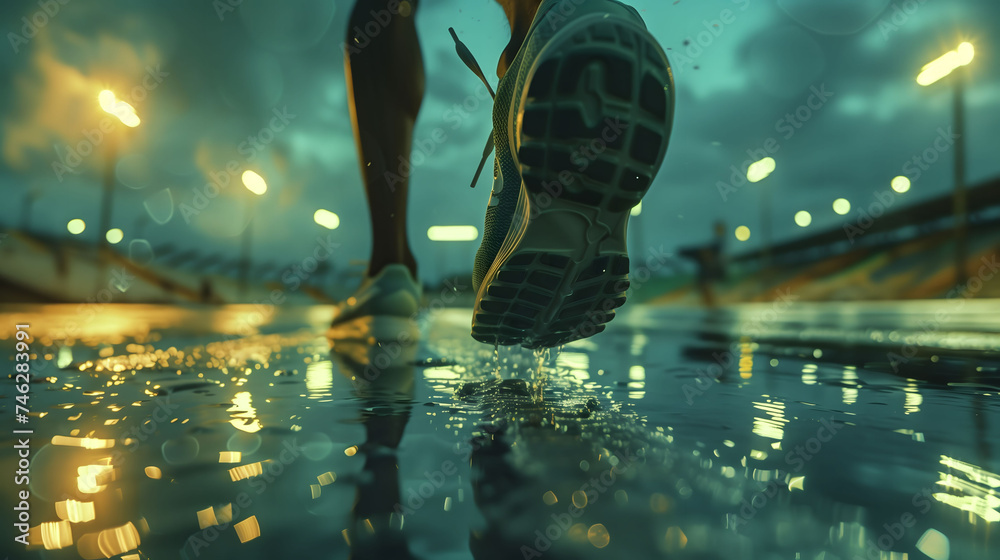 Athlete legs and shoes close up at sport stadium, running in the rain, running race track at athletic arena, active person lifestyle, cinematic photo - obrazy, fototapety, plakaty 