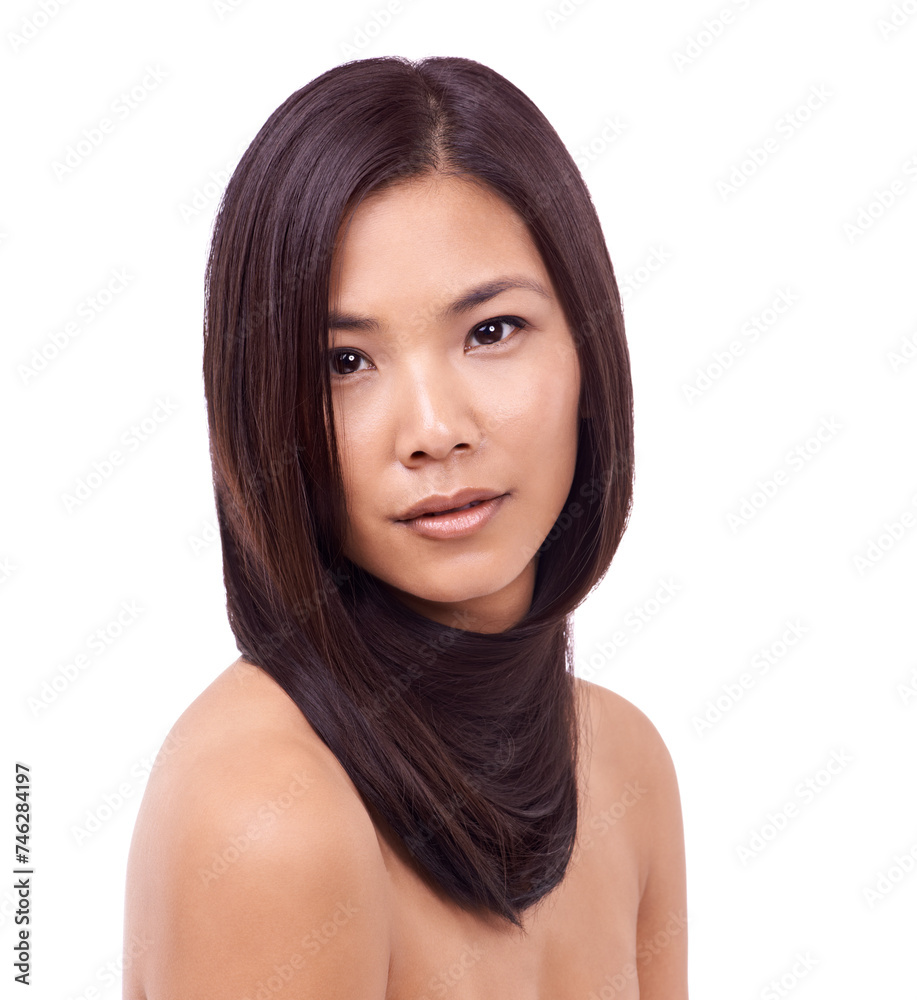 Fototapeta premium Woman, portrait and cosmetics for hairstyle in studio, beauty and pride for keratin hair treatment. Asian female person, grooming and shampoo for wellness on white background, dermatology and care