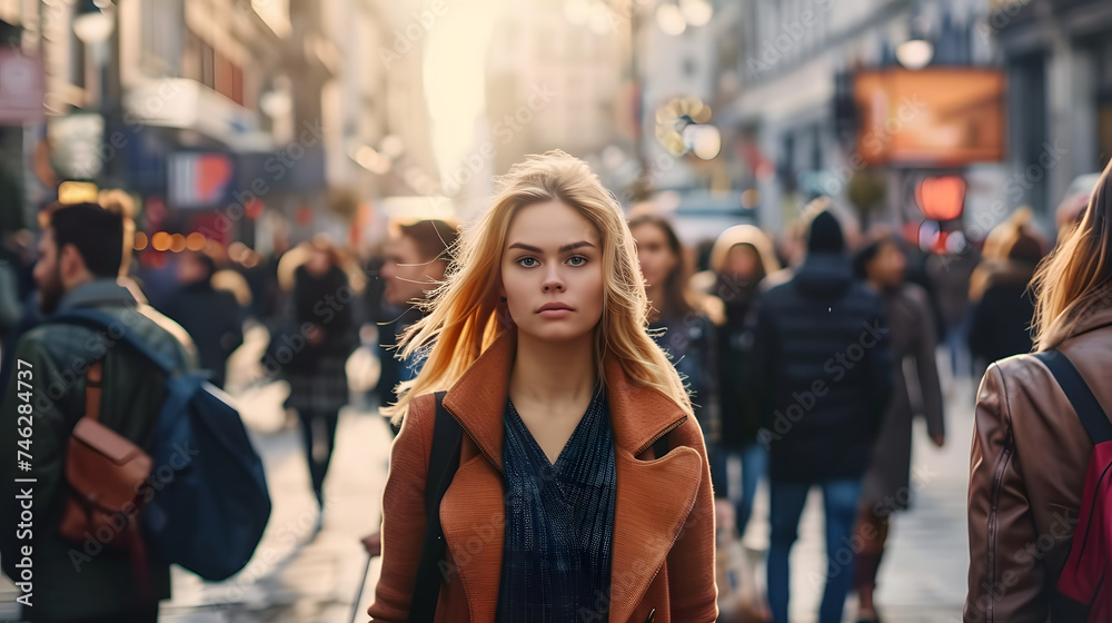 Woman walking on a bustling city street filled with diverse individuals going about their day. Woman walking on a bustling city street filled with diverse individuals going about their day.