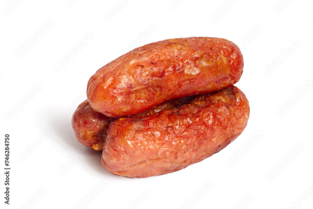 Fried meat sausages on a white background. Freshly fried meat sausages. Fried meat sausages on a white background. Freshly fried meat sausages.