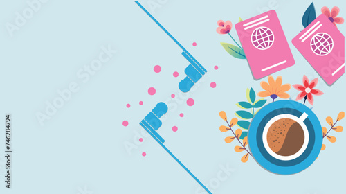 passport desk with passports  flowers and headphones for communication  migration service operator desk. Travel style illustration