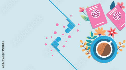 passport desk with passports, flowers and headphones for communication, migration service operator desk. Travel style illustration