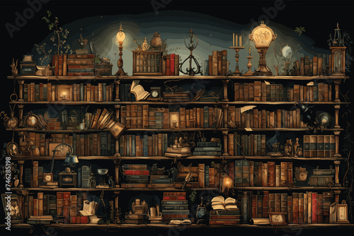 Old library or bookshop with many books on shelves as wallpaper background illustration photo