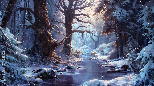 winter forest in the morning, Precise rendering of a snowy forest in winter