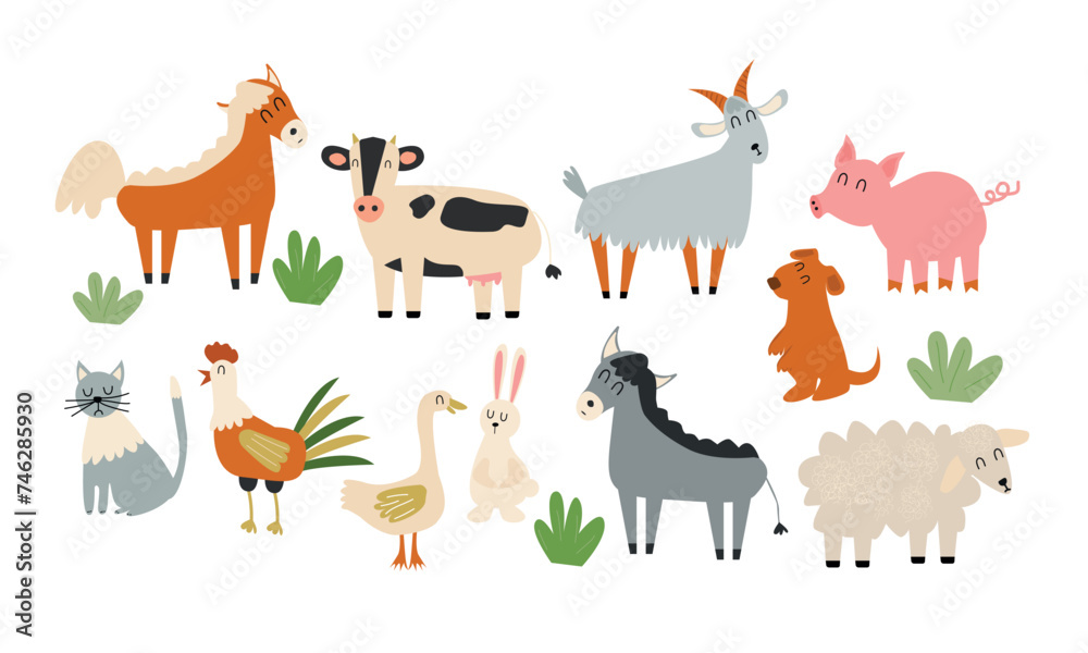 A large set of animals and birds with a farm in a cartoon style. Flat vector illustration isolated on white background A large set of animals and birds with a farm in a cartoon style. Flat vector illustration isolated on white background