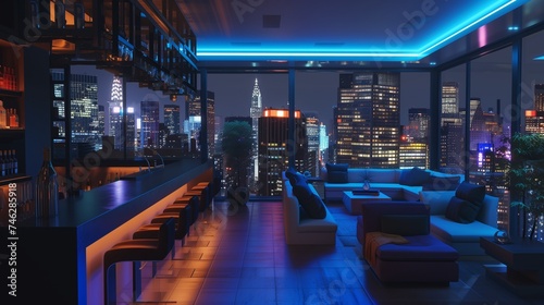 A modern rooftop lounge with sleek, contemporary furniture, a sleek bar, and panoramic views of the city skyline illuminated against the night sky.