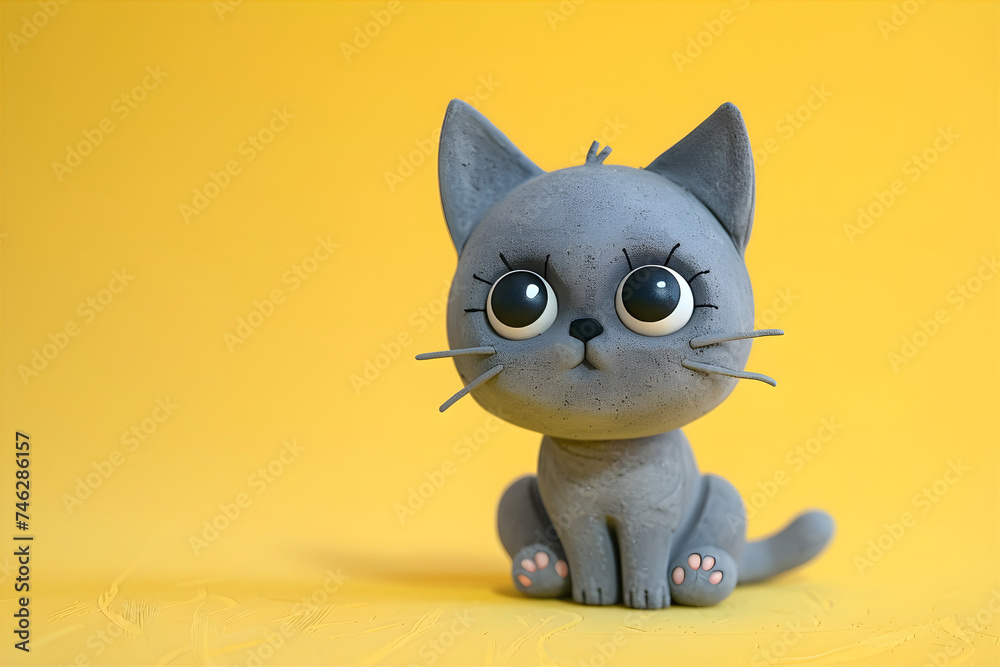 Cute cartoon smiling grey kitty with big eyes on solid yellow background. Creative animal concept, commercial, advertisement background with copy space. Cute cartoon smiling grey kitty with big eyes on solid yellow background. Creative animal concept, commercial, advertisement background with copy space.