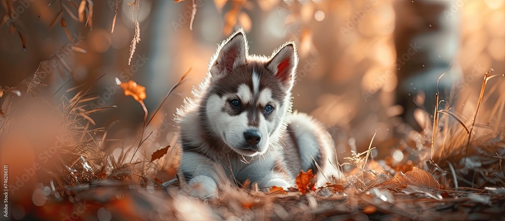 A Siberian Husky dog is comfortably lying down in the green grass. The dogs fluffy fur contrasts with the vibrant green of the grass. The serene expression on its face suggests relaxation.