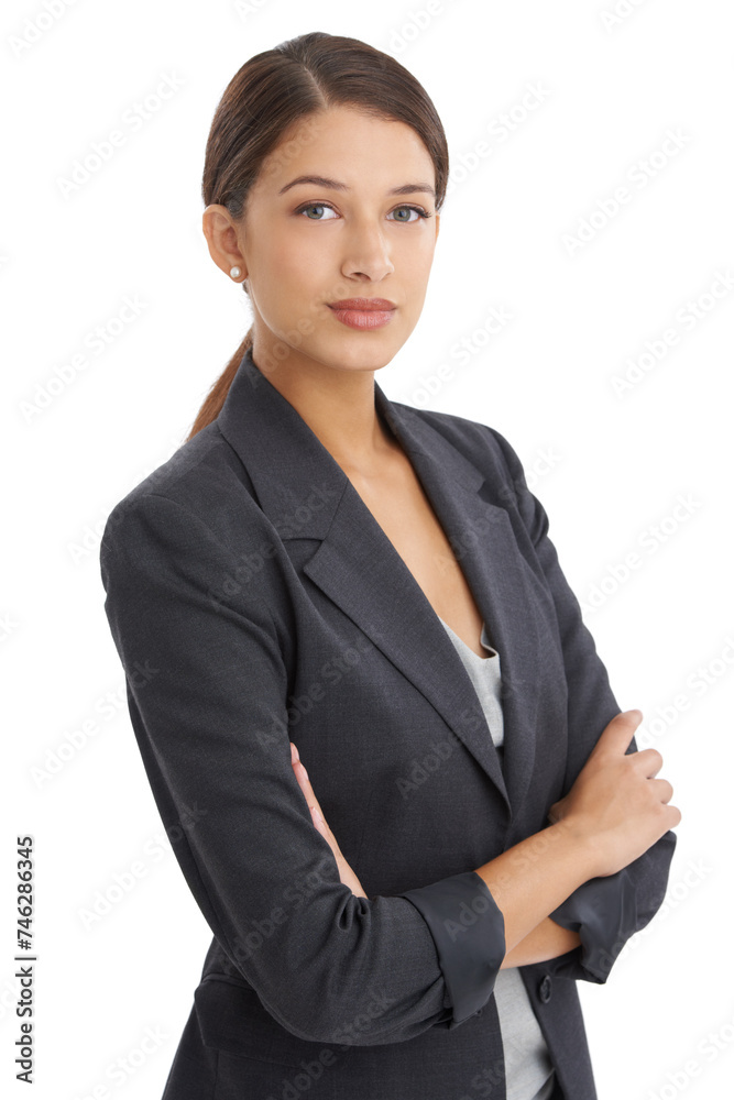 Business woman, portrait and office clerk with confidence and corporate fashion in studio. Career, employee and female startup professional with white background and arms crossed in job clothes