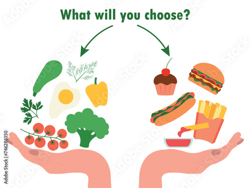 Choice of food. Healthy and unhealthy diet. A woman's hand holds vegetables, healthy food and fast food. Diet and nutrition decision concept. Fresh vegetables or fatty cholesterol. 