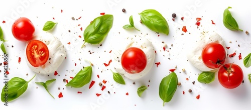 Fresh mozzarella caprese salad with ripe tomatoes, basil leaves and balsamic glaze photo