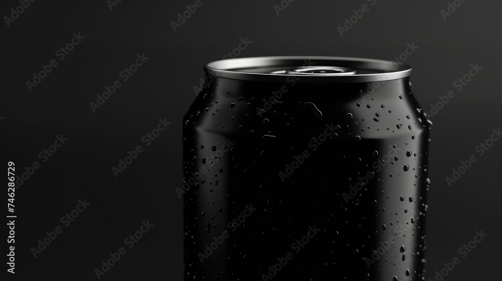 Black can of fresh soda with water drops on dark background, closeup. Black can of fresh soda with water drops on dark background, closeup.