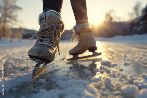 Legs of unrecognizable woman ice skating outdoors at sunset, close up