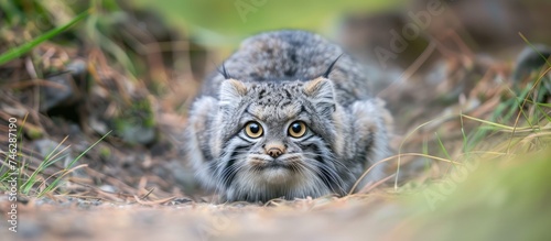A Pallas cat, a small wild feline known for its adorable appearance, is walking through the grass and looking directly at the camera with intent curiosity.