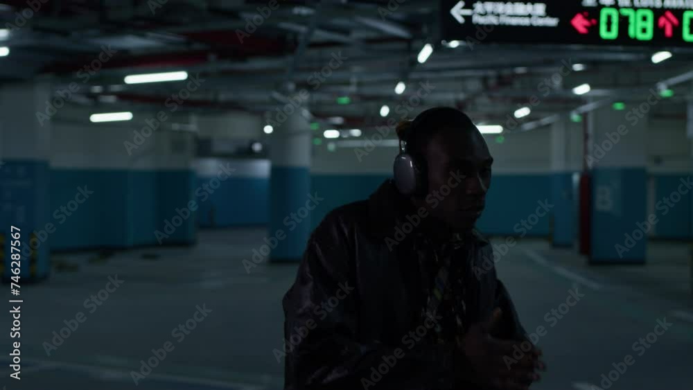 Scary black man in dark underground parking lot, planning something bad Scary black man in dark underground parking lot, planning something bad