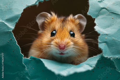 Brown hamster peeks out of a hole in torn paper close-up.