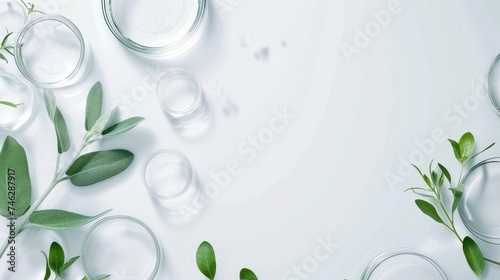Flat lay of laboratory glassware and petri dishes among fresh greenery for natural science research. photo