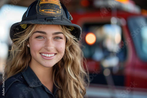 Caucasian woman wearing firefighter uniform, fire engine background © Aris