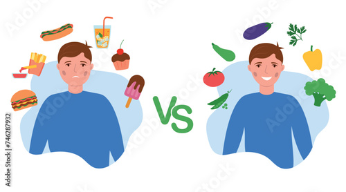 Vector illustration of two men eating healthy and eating Fast food. Weight loss concept. Fat and thin man. Healthy and unhealthy food. Vector illustration, eps 10