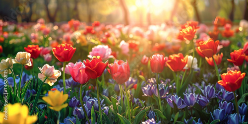  colorful flowers blooming in the sun, red blue yellow purple tulips flower in park. banner background #746288115