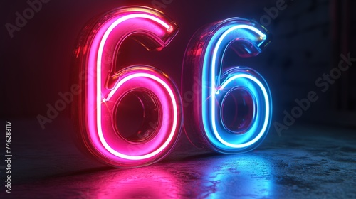 Neon number six on dark background. Glowing neon sign number six with copy space. Bright neon sign.