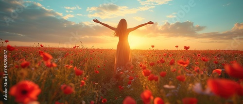 Young woman standing in field with raised hands. Back view of woman standing in field looking at sun photo