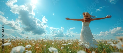 Young woman standing in field with raised hands. Back view of woman standing in field looking at sun
