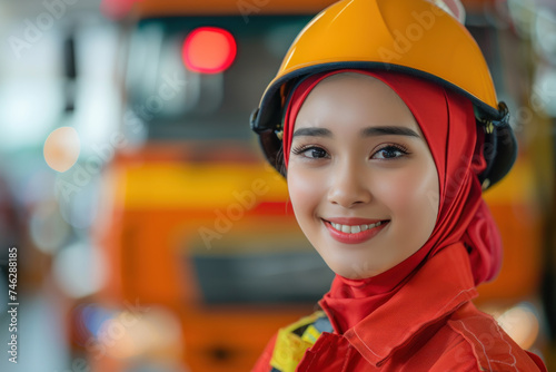 Malay woman wearing firefighter uniform, fire engine background © Aris