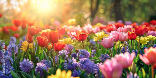  colorful flowers blooming in the sun, red blue yellow purple tulips flower in park. banner background
